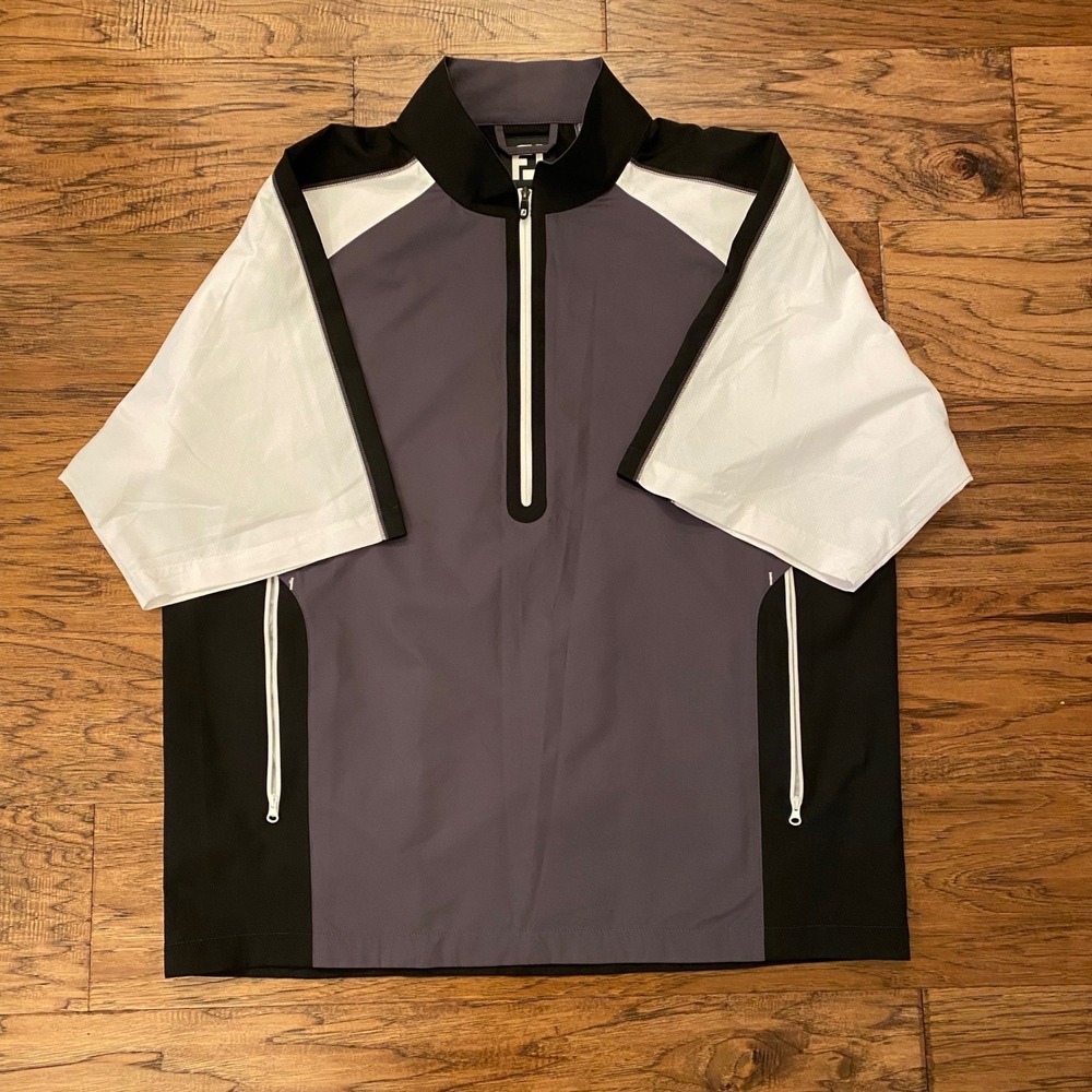 FootJoy Golf Windbreaker Pullover Mens L Gray Black White Short Sleeve 1/4 Zip